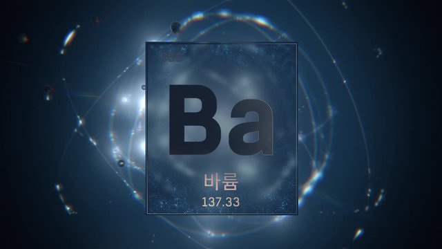 Barium as Element 56 of the Periodic Table. Seamlessly looping 3D animation on blue illuminated atom design background orbiting electrons name, atomic weight element number in Korean language