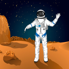 Astronaut wave hand, expedition in mars planet, cartoon character vector illustration