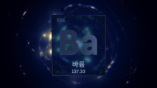 Barium as Element 56 of the Periodic Table. Seamlessly looping 3D animation on blue illuminated atom design background orbiting electrons name, atomic weight element number in Korean language