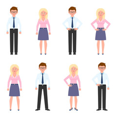 Happy, friendly office worker man and woman vector illustration. Front view standing, smiling boy and girl cartoon character set on white
