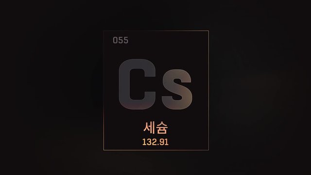 Cesium as Element 55 of the Periodic Table. Seamlessly looping 3D animation on grey illuminated atom design background orbiting electrons name, atomic weight element number in Korean language