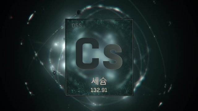 Cesium as Element 55 of the Periodic Table. Seamlessly looping 3D animation on green illuminated atom design background orbiting electrons name, atomic weight element number in Korean language