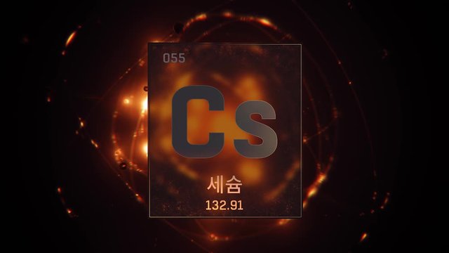 Cesium as Element 55 of the Periodic Table. Seamlessly looping 3D animation on orange illuminated atom design background orbiting electrons name, atomic weight element number in Korean language