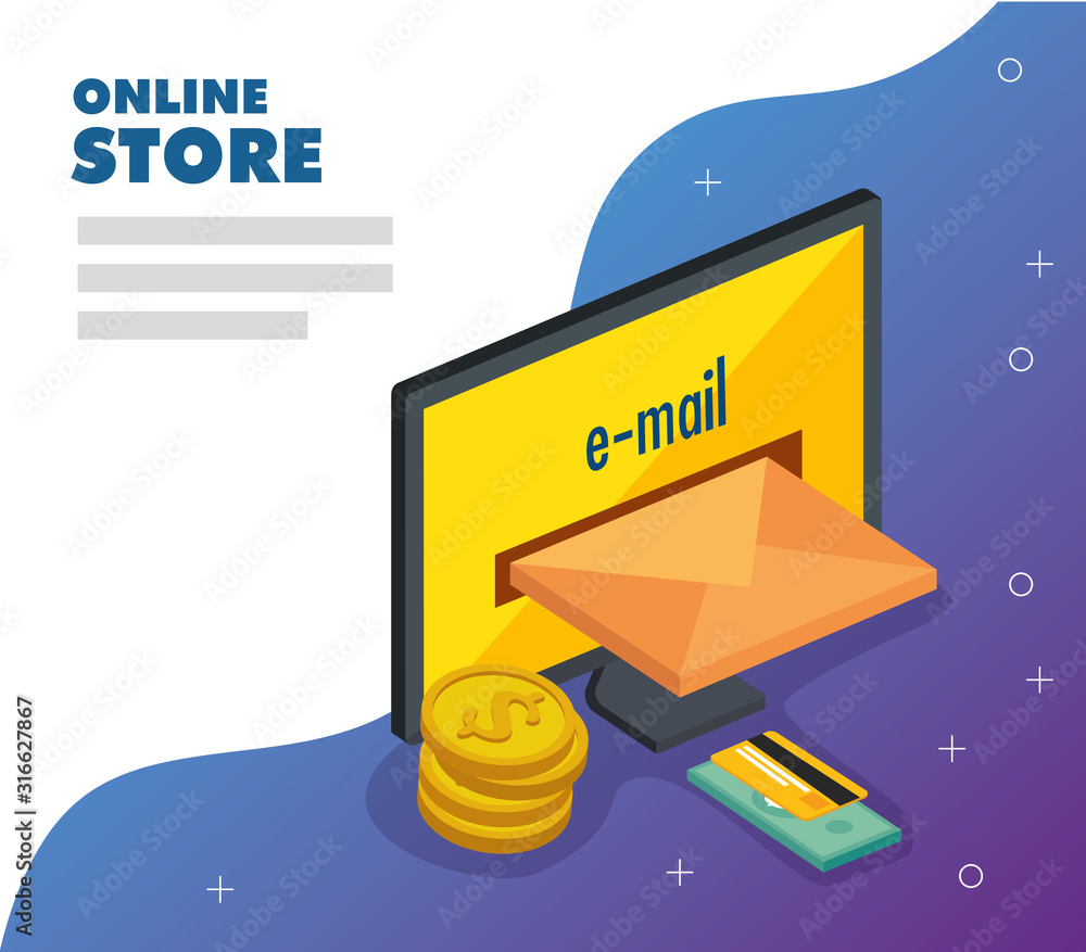 Poster online store with computer and icons