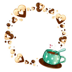 A green cup in a polka dot pattern with hot tea, a round frame of heart cookies in white and dark chocolate glaze and chocolate drops. Cartoon food and drinks on a white background.