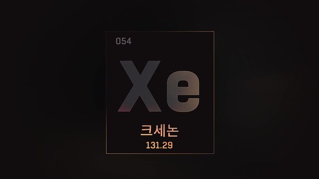 Xenon as Element 54 of the Periodic Table. Seamlessly looping 3D animation on grey illuminated atom design background orbiting electrons name, atomic weight element number in Korean language