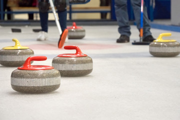 Group of stones for curlinggame in curling on ice.