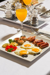 Ham and eggs breakfast served in restaurant