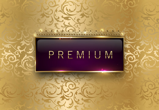 Premium purple label with rectangle golden frame crown on gold floral background. Royal glossy vip template. Vector luxury illustration. Vintage invitation or announcement card design