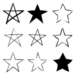 Set hand drawn star. Object for design use. Black and white background. Abstract drawing. Vector art illustration grunge stars