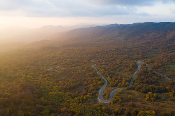 Gombori pass, Georgia country. Sunset. Autumn. Drone shooting