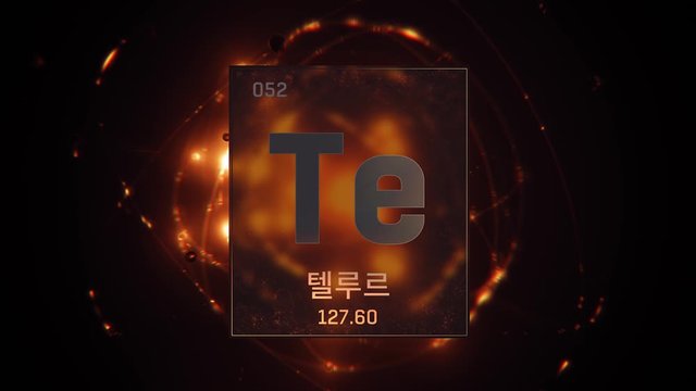Tellurium as Element 52 of the Periodic Table. Seamlessly looping 3D animation on orange illuminated atom design background orbiting electrons name, atomic weight element number in Korean language