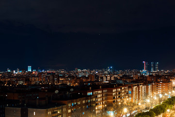 Panoramic aerial view of Madrid at night, Metropolis Building lights, capital of Spain, Europe