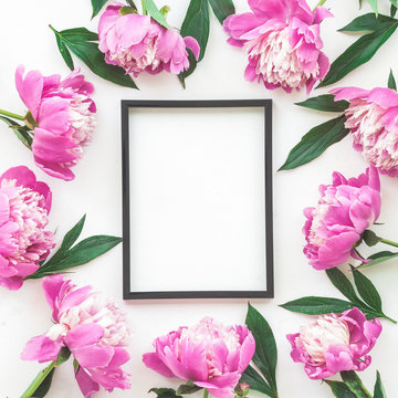 Peony flowers, photo frame on white background, flat lay, top view