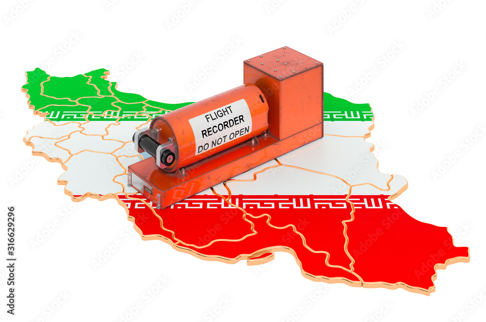 Poster flight data recorder, black box on iranian map 3d rendering