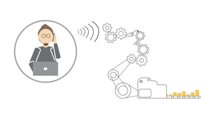 The technical support specialist communicates with the client via the headset. The gears of the mechanism start the production of cash flow.