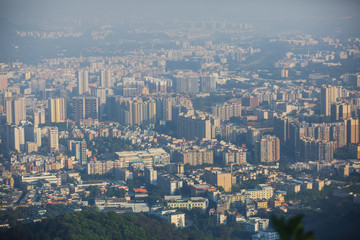 View of Guangzhou city with Zhujiang New Town from White Cloud Mountain, Baiyun Mountain, Guandong, China, sunny summer day