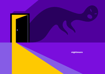 Nightmare monster comes into dark room bedroom vector stylish illustration, funny cartoon ghost creature frightening looking inside, horror theme drawing. © Sylverarts