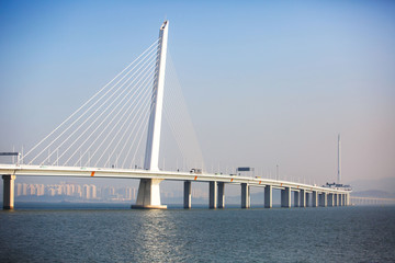 Shenzhen Bay Bridge under the blue sky, cable-stayed bridge from Shenzhen to Hong Kong with highway