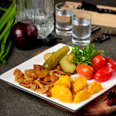 Assorted pickled and fresh vegetables - pickled herring, chopped chives with potato, peppers, cucumbers, tomatoes, capers, salt and herbs. Set of vegetables snacks for vodka. Russian