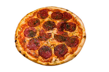 Pizza with salami sausage and parmesan cheese isolated on a white background