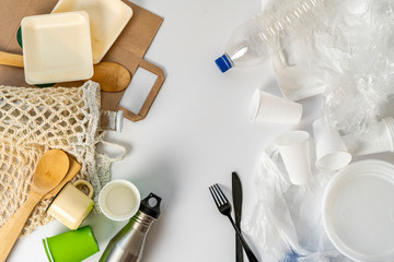 the problem of emvironmental pollution, plastic dish versus eco natural organic dish on the table,...