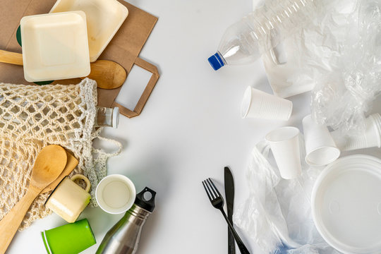 the problem of emvironmental pollution, plastic dish versus eco natural organic dish on the table, flat lay on color surface