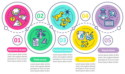 Archeology vector infographic template. Mysteries of past researching presentation design elements. Data visualization with five steps. Process timeline chart. Workflow layout with linear icons