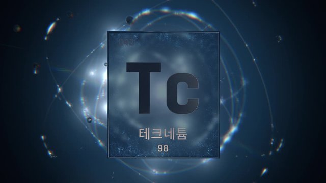 Technetium as Element 43 of the Periodic Table. Seamlessly looping 3D animation on blue illuminated atom design background orbiting electrons name, atomic weight element number in Korean language