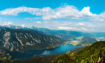 Fototapeta na wymiar Aerial view of Lake Bohinj in Slovenia stitched panorama