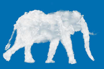 Elephant icon shape made of clouds on blue background over sky