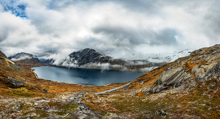Autumn landscape of cloudy Norway - panorama
