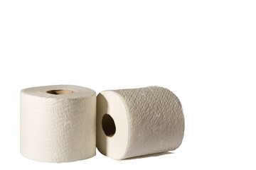 Close up view of two rolls of white toilet paper isolated on white background.