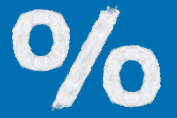 Percent symbol font shape element made of clouds on blue background over sky