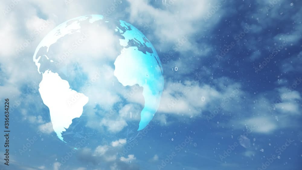 Poster earth globe rotation on sunny sky with clouds and flying binary numbers.