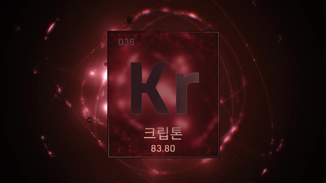 Krypton as Element 36 of the Periodic Table. Seamlessly looping 3D animation on red illuminated atom design background orbiting electrons name, atomic weight element number in Korean language