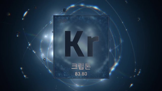 Krypton as Element 36 of the Periodic Table. Seamlessly looping 3D animation on blue illuminated atom design background orbiting electrons name, atomic weight element number in Korean language