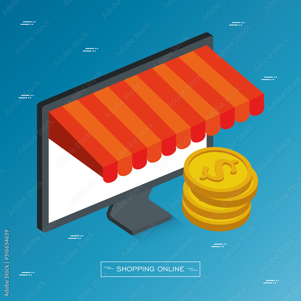 Poster online store with computer and icons