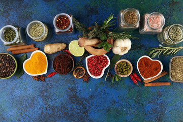 Spices and herbs on table. Food and cuisine ingredients with pepper