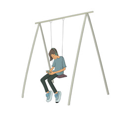 Sad teenager in sneakers, slim pants and oversize t-shirt and headphone sitting on swing and checking mobile phone