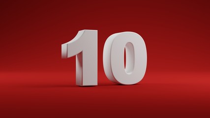 Number 10 in white on Red background, 3D illustration