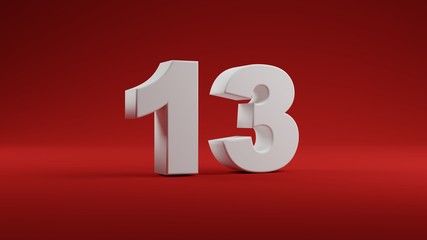 Number thirteen in white on Red background, 3D illustration