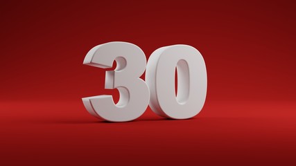 Number 30 in white on Red background, 3D illustration