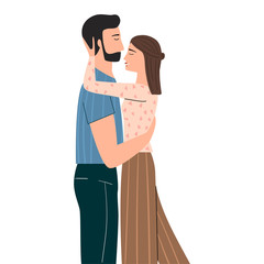 Romantic illustration with people. Man and woman in love. Boyfriend and girlfriend almost kissing. Valentine's day, love story, relationship concept. Flat vector illustration