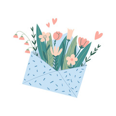 Romantic illustration with flowers. Flowers coming out from envelope. Valentine's day, love story, relationship concept. Flat vector illustration