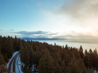 Aerial Drone shot of Lake Tahoe at Sunrise
