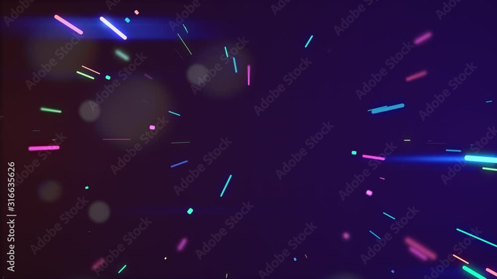 Poster multicolored neon glowing rays in tunnel motion with translucent bokeh particles floating around.