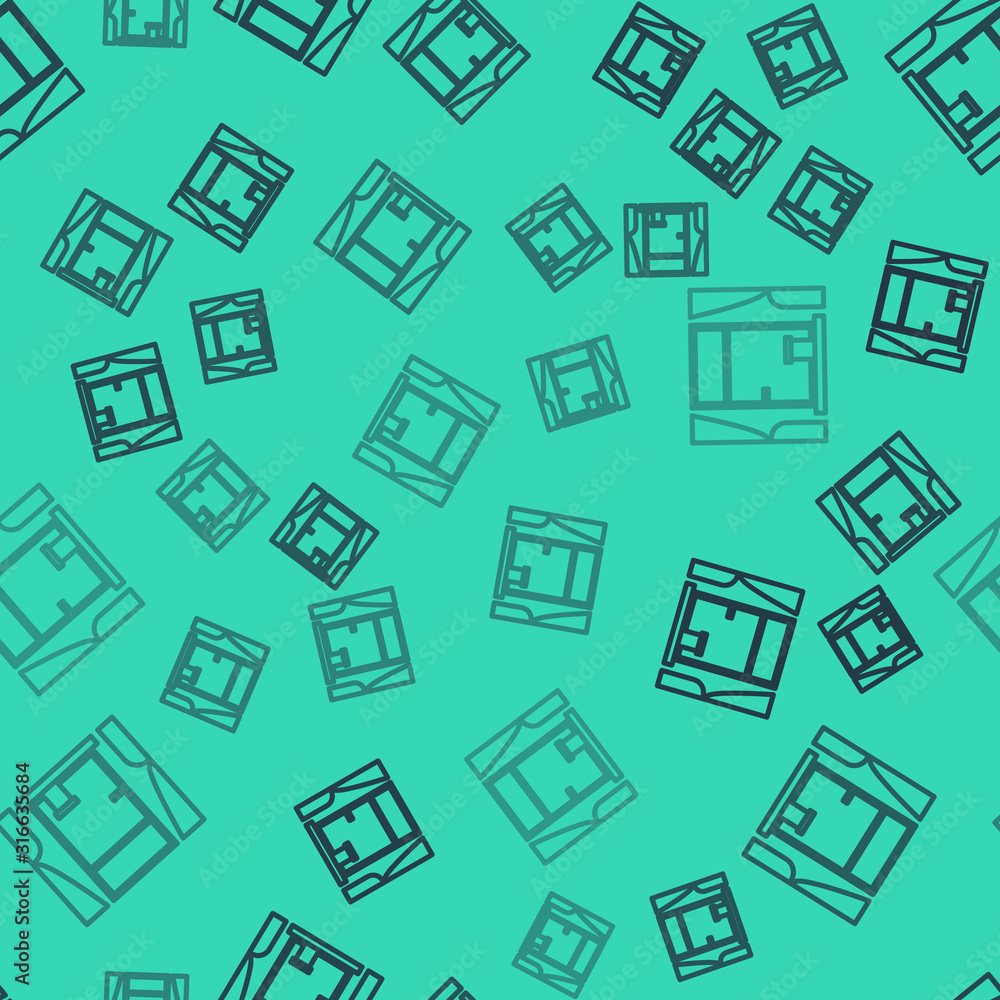 Poster black line window with curtains in the room icon isolated seamless pattern on green background. vect
