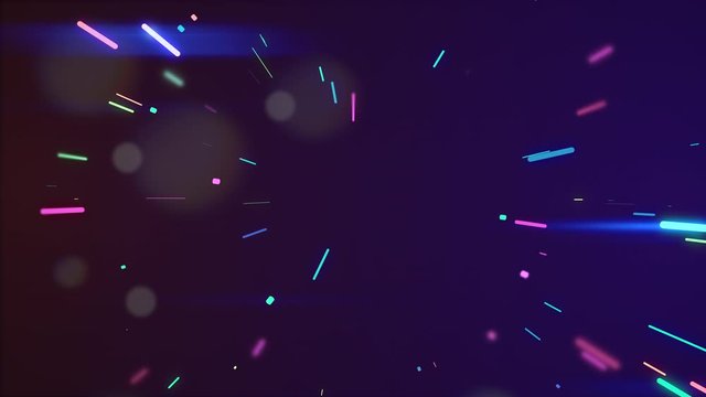 Multicolored neon glowing rays in tunnel motion with translucent bokeh particles floating around.