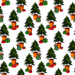 Christmas seamless pattern with Christmas trees and gifts